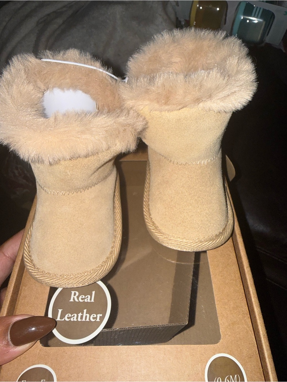 BearPaw Kids Tan Faux-Fur Lined Suede Booties